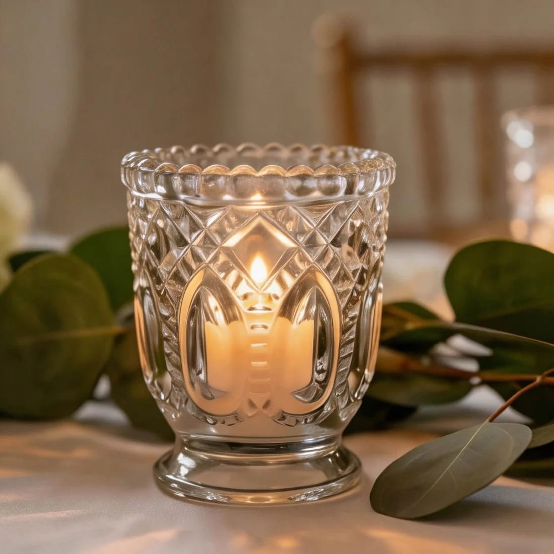 6 Clear 3 in Glass Candle Holders with Textured Vintage Design