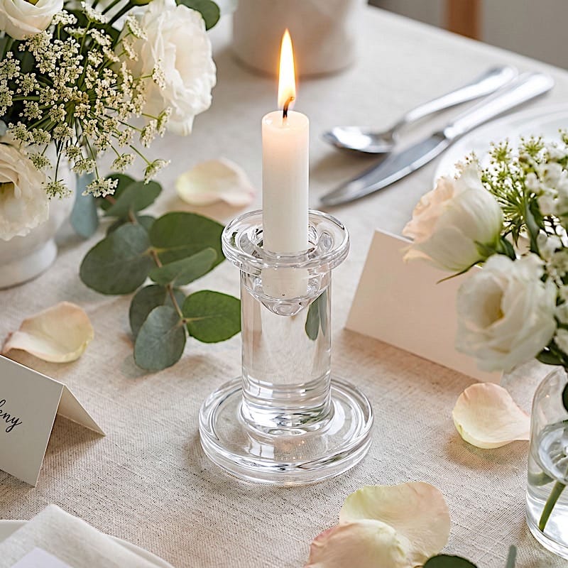 6 Clear 3 in Glass Taper Candle Holders with Pedestal Candlestick