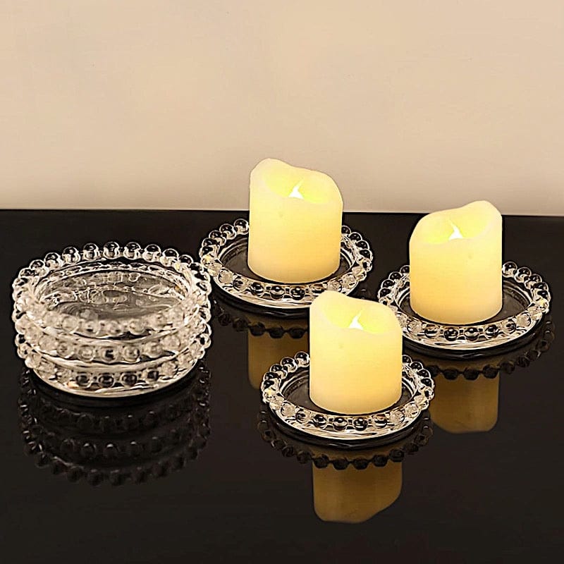 6 Clear 4 in Round Glass Pillar Candle Holder Plates with Beaded Rims