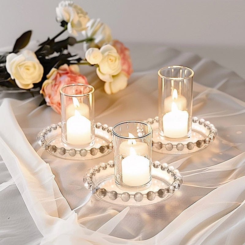 6 Clear 4 in Round Glass Pillar Candle Holder Plates with Beaded Rims