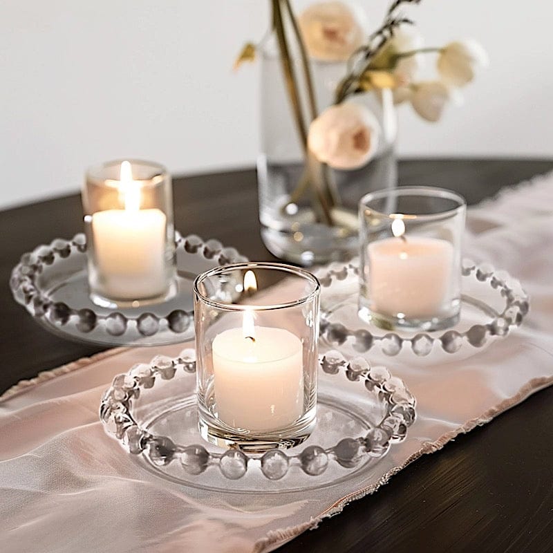 6 Clear 4 in Round Glass Pillar Candle Holder Plates with Beaded Rims