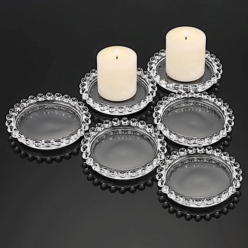 6 Clear 4 in Round Glass Pillar Candle Holder Plates with Beaded Rims