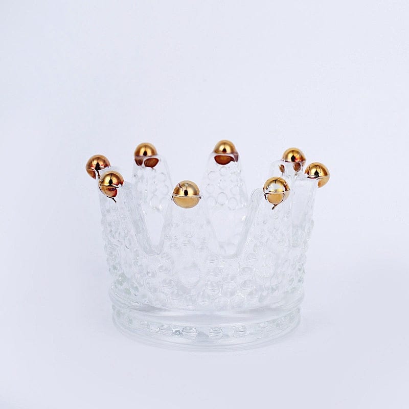 6 Clear 3x2 in Crown Crystal Glass Tealight Candle Holders with Gold Beaded Tips