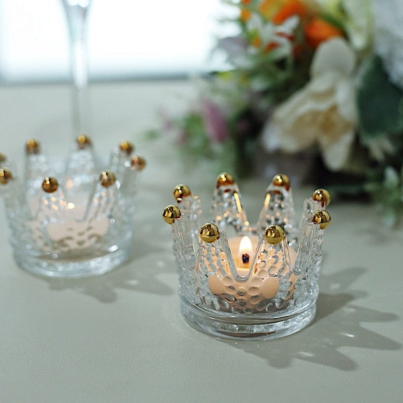 6 Clear 3x2 in Crown Crystal Glass Tealight Candle Holders with Gold Beaded Tips