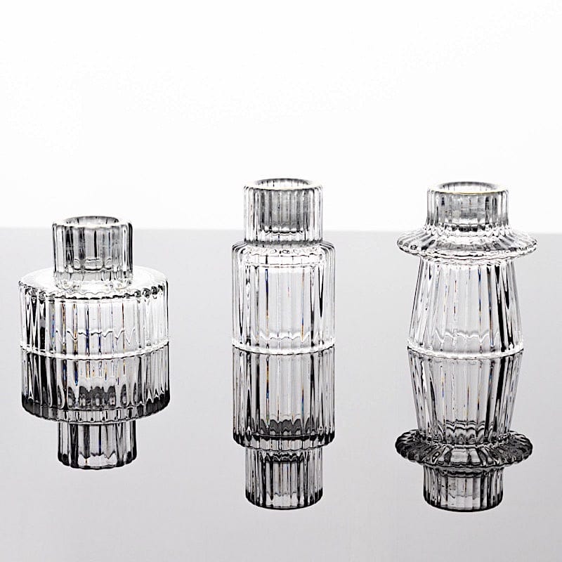 6 Mini 3 in Round Ribbed Glass Taper Candle Holders Centerpieces