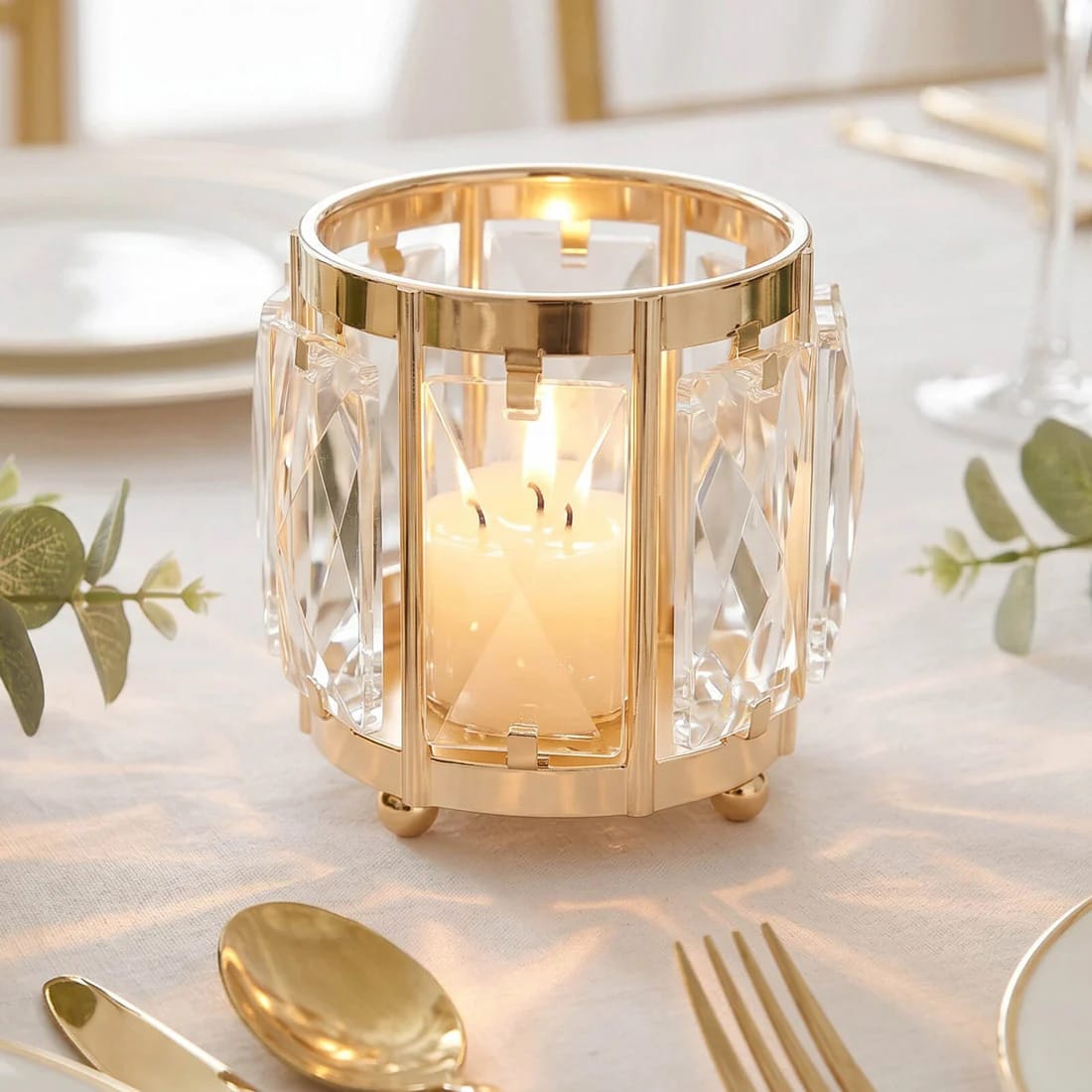 6 Pack 3 in Gold Votive Candle Holders with Faceted Crystal Pendant Panels