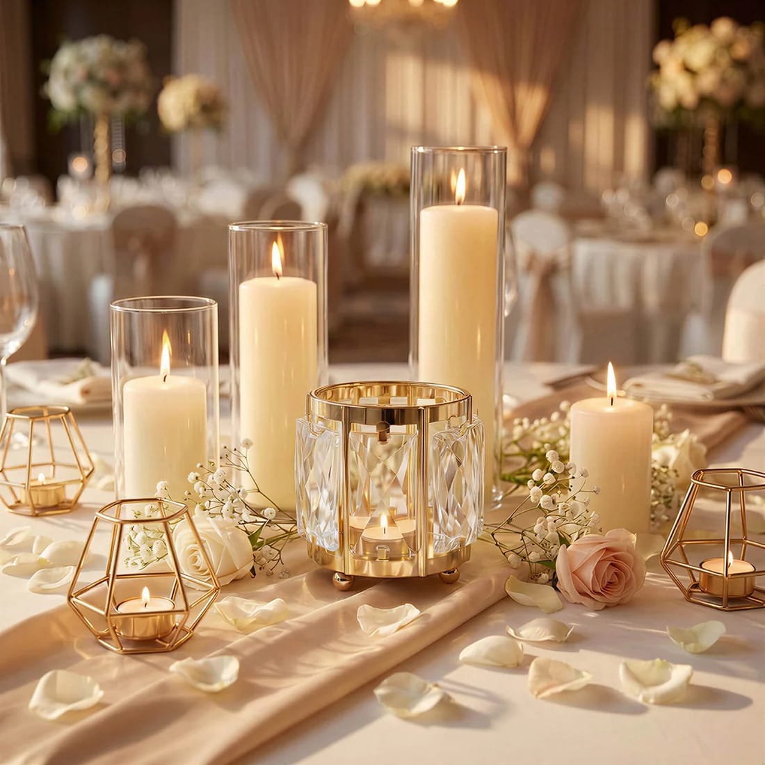 6 Pack 3 in Gold Votive Candle Holders with Faceted Crystal Pendant Panels
