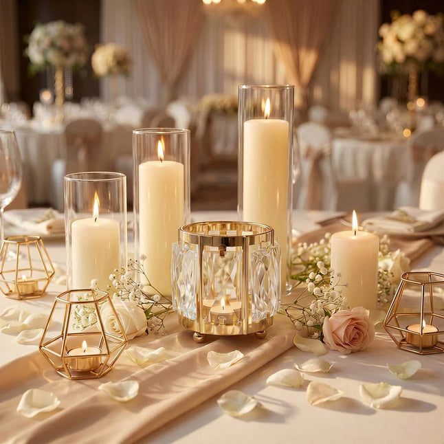 6 Pack 3 in Gold Votive Candle Holders with Faceted Crystal Pendant Panels