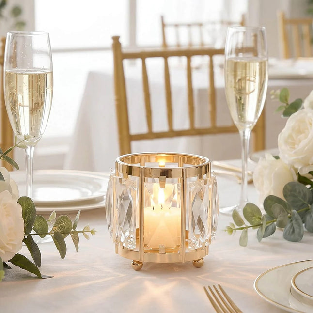 6 Pack 3 in Gold Votive Candle Holders with Faceted Crystal Pendant Panels