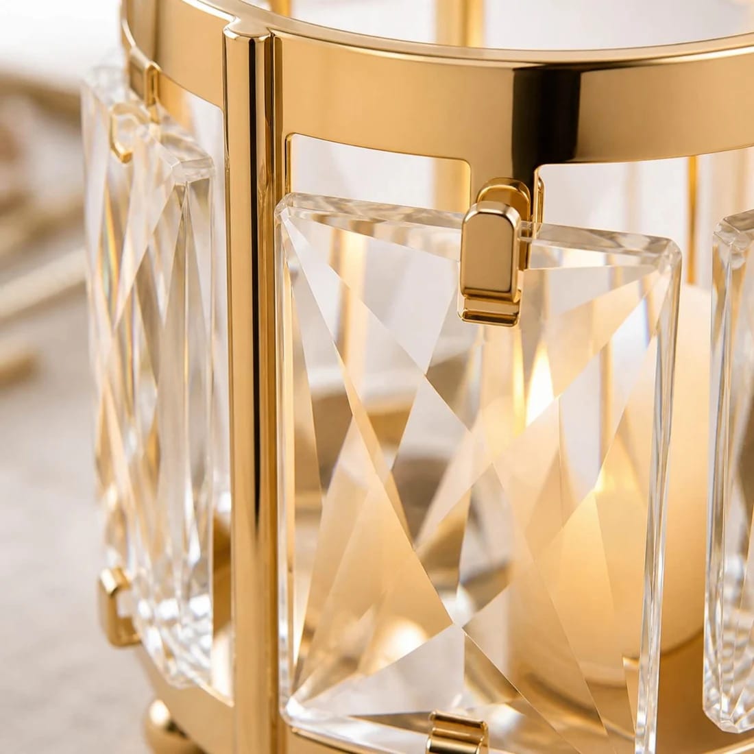 6 Pack 3 in Gold Votive Candle Holders with Faceted Crystal Pendant Panels