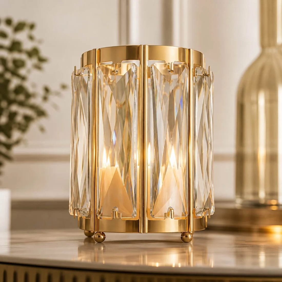 6 Pack 5 in Gold Votive Candle Holders with Faceted Crystal Pendant Panels