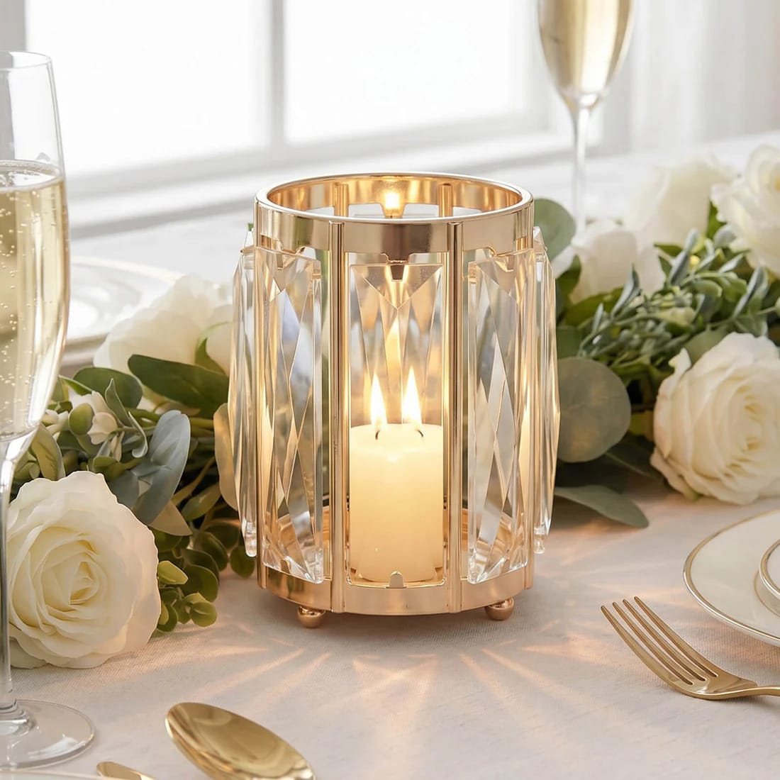 6 Pack 5 in Gold Votive Candle Holders with Faceted Crystal Pendant Panels