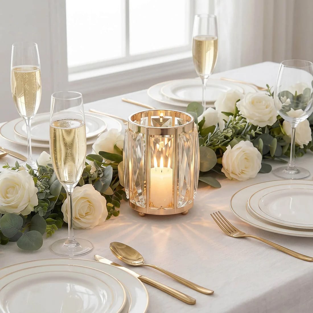 6 Pack 5 in Gold Votive Candle Holders with Faceted Crystal Pendant Panels