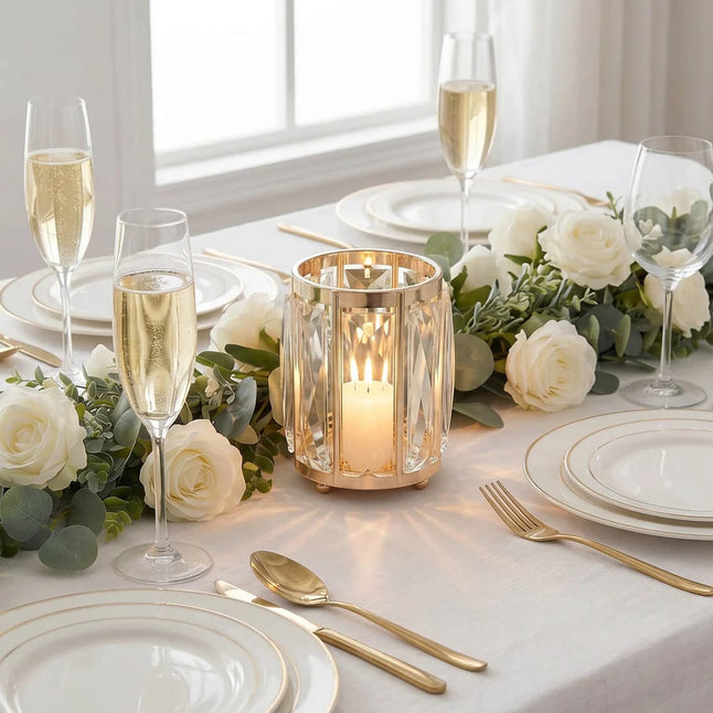 6 Pack 5 in Gold Votive Candle Holders with Faceted Crystal Pendant Panels