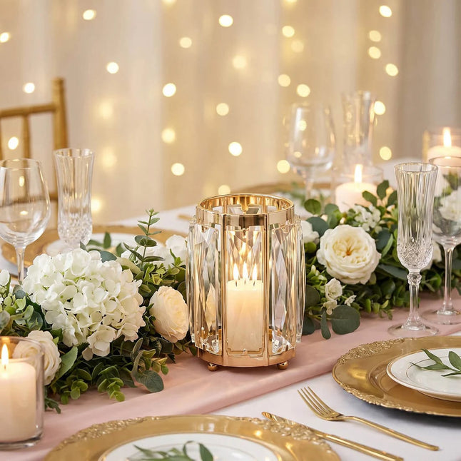 6 Pack 5 in Gold Votive Candle Holders with Faceted Crystal Pendant Panels