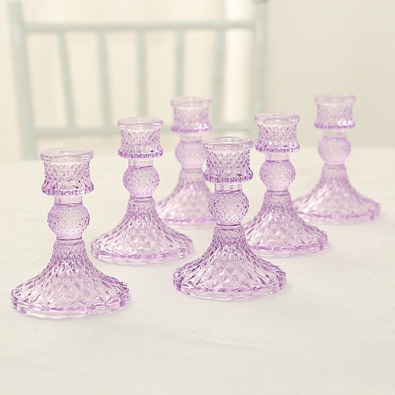 6 Reversible 4 in Glass Votive Taper Candle Holders with Diamond Pattern