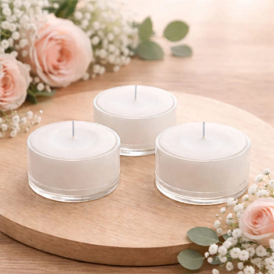 100 White Unscented Tealight Candles with Clear Plastic Cups
