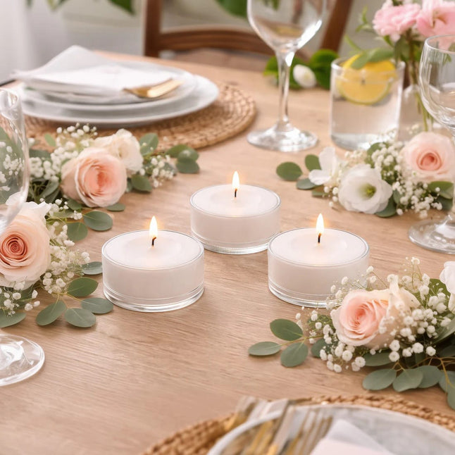 100 White Unscented Tealight Candles with Clear Plastic Cups