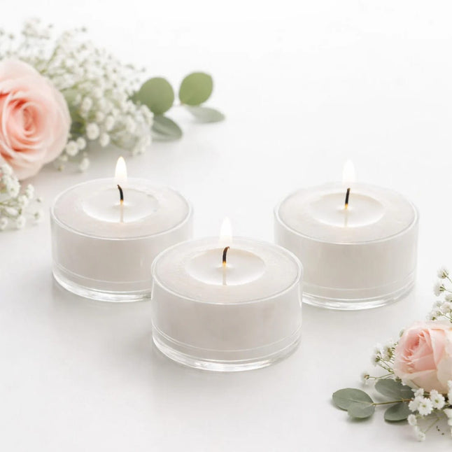 100 White Unscented Tealight Candles with Clear Plastic Cups