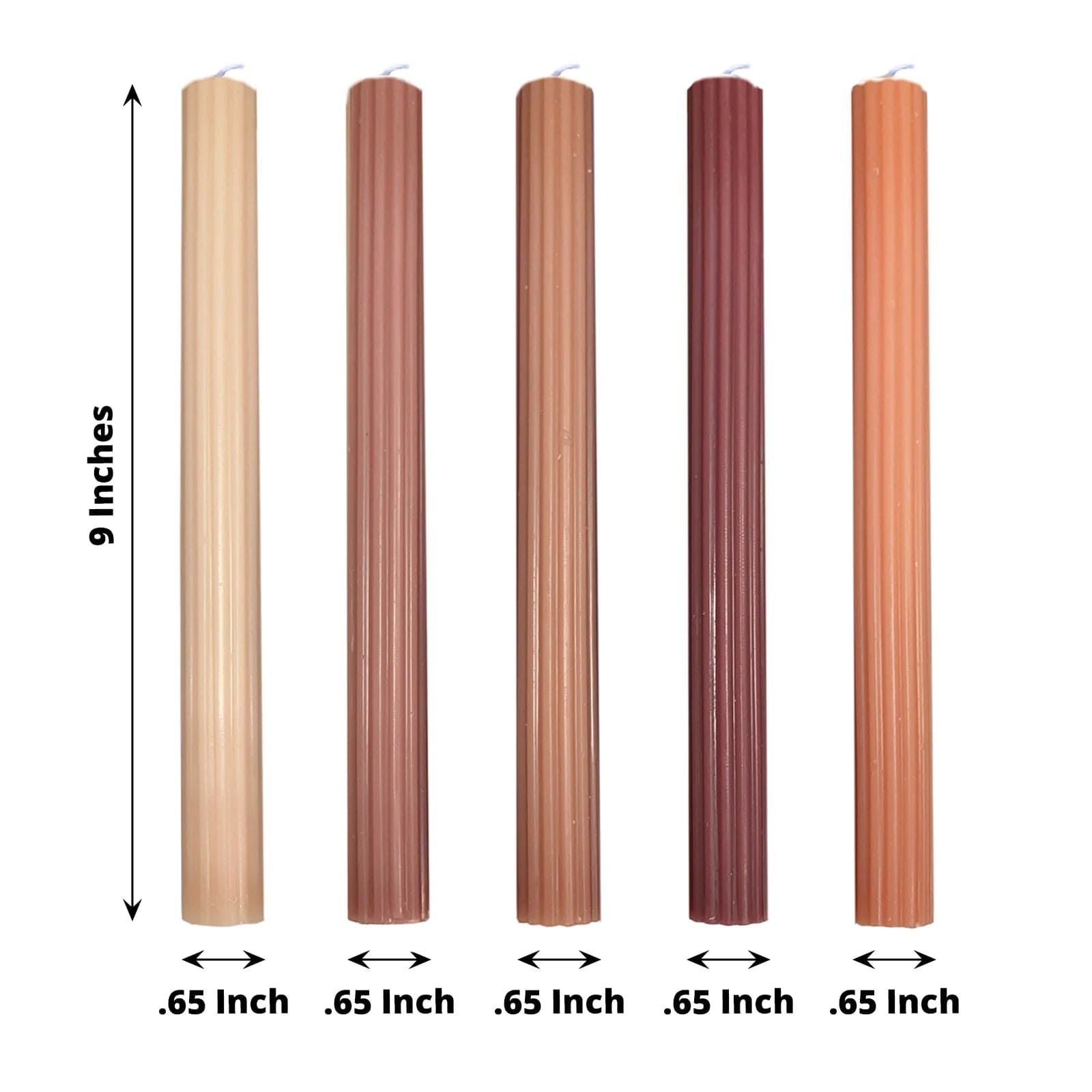 5 Unscented 9 in Premium Wax Taper Candles with Ribbed Design