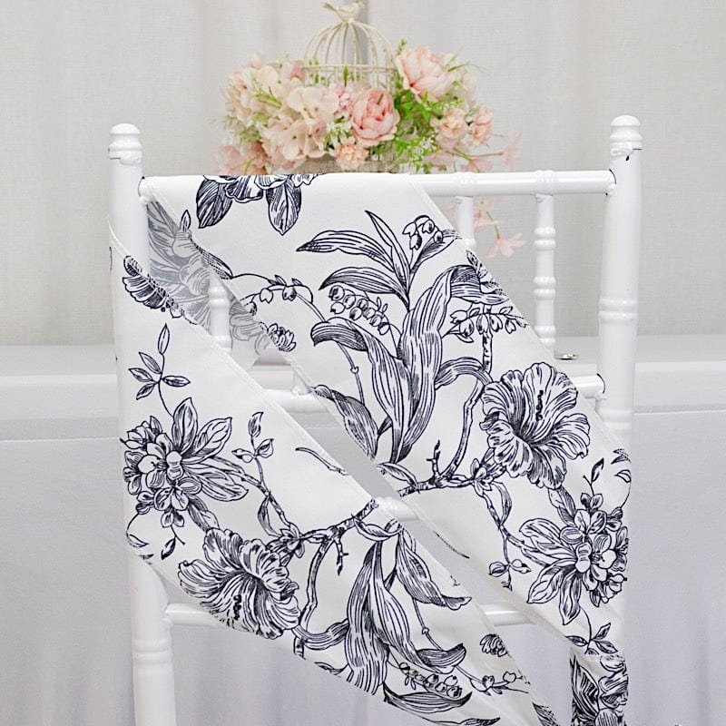 5 pcs 6x108 White in French Toile Floral Design Polyester Chair Sashes