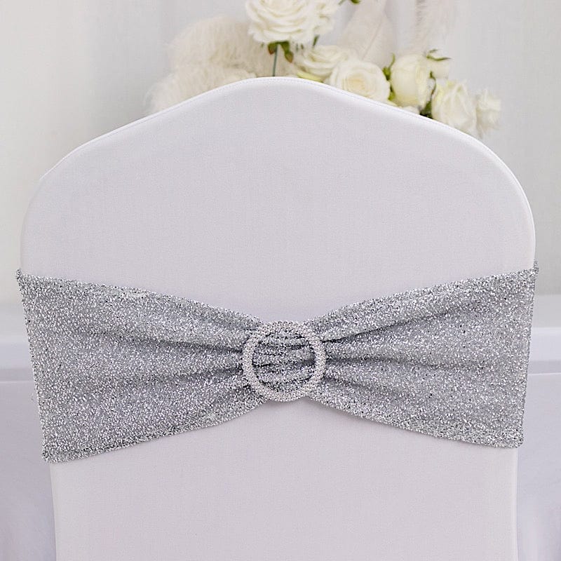 5 pcs 5x12 in Shimmer Tinsel Spandex Chair Sashes Silver Rhinestone Buckles