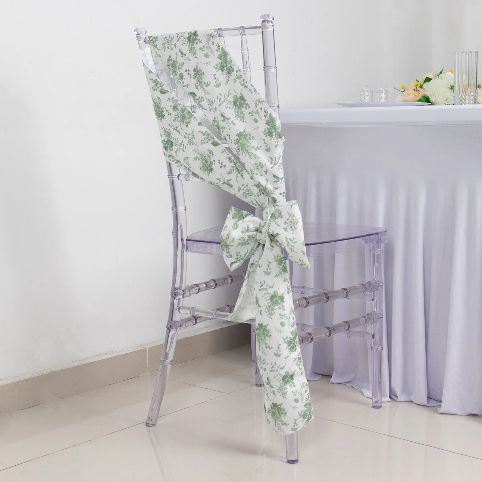 5 pcs 6x108 in Dusty Sage Green Floral Polyester Chair Sashes