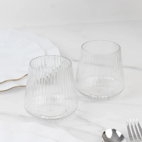 12 Stemless 12 oz Plastic Wine Glasses with Ribbed Design