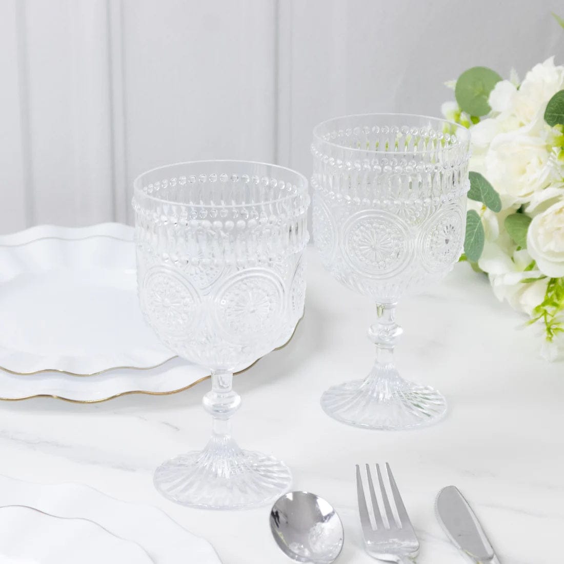 12 Goblets 15oz Shatterproof Plastic Wine Glasses with Embossed Floral Pattern