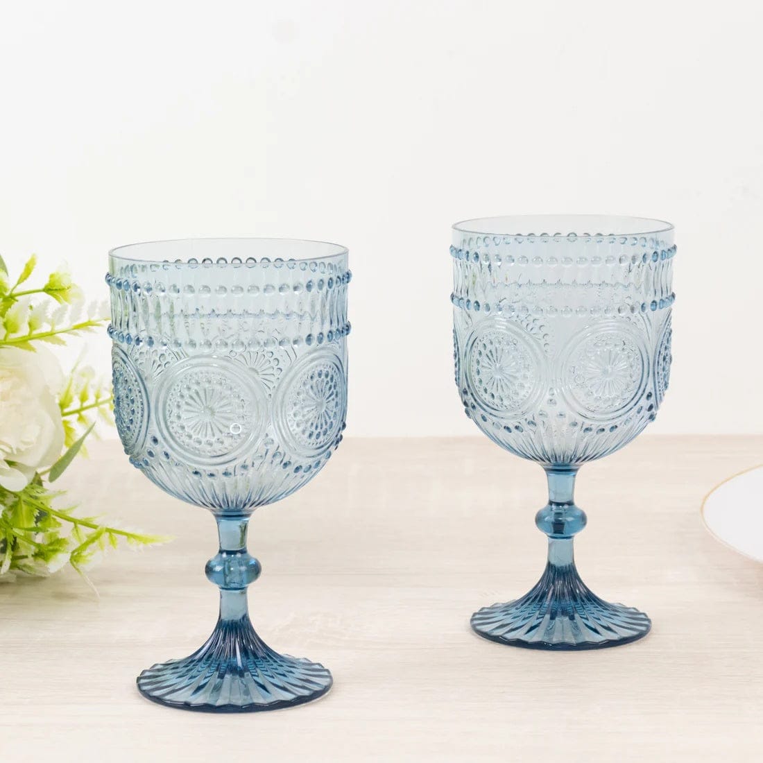 12 Goblets 15oz Shatterproof Plastic Wine Glasses with Embossed Floral Pattern