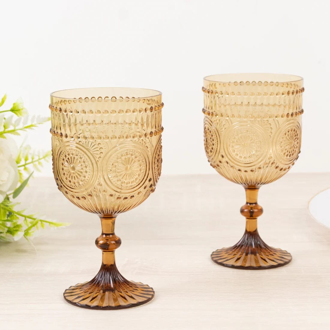 12 Goblets 15oz Shatterproof Plastic Wine Glasses with Embossed Floral Pattern