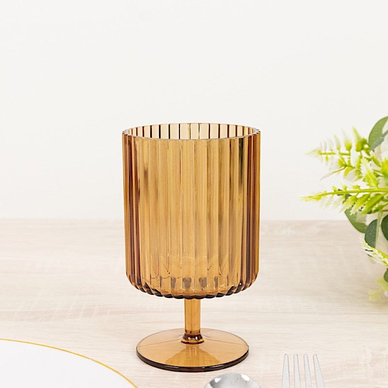 12 Pack 12 oz Plastic Wine Glasses Vintage Ribbed Pattern Short Stemmed Amber Gold