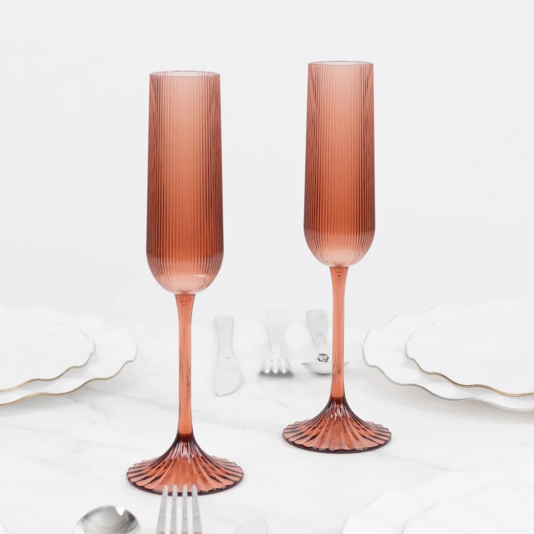 12 Ribbed 4 oz Plastic Champagne Flutes Disposable Glasses
