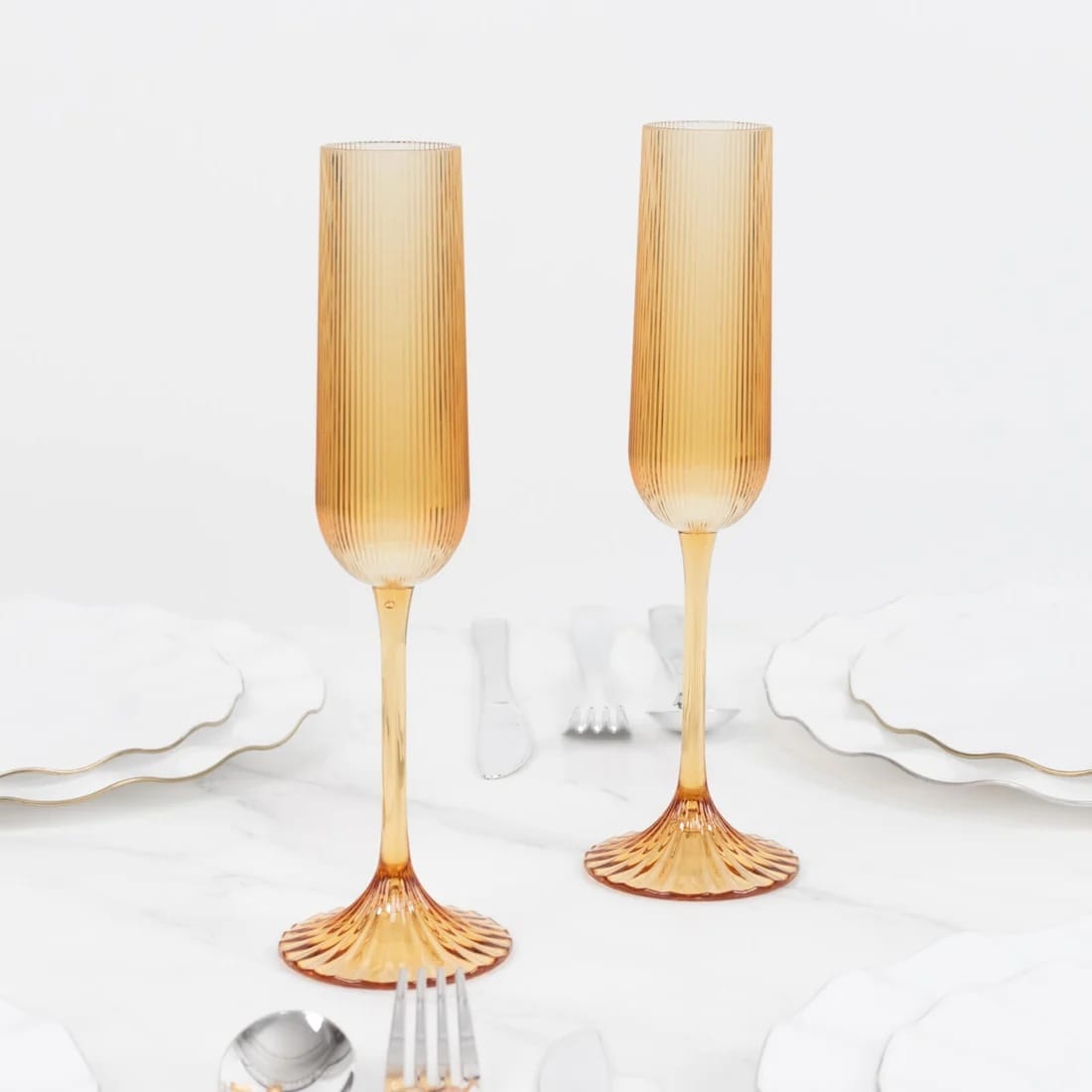 12 Ribbed 4 oz Plastic Champagne Flutes Disposable Glasses