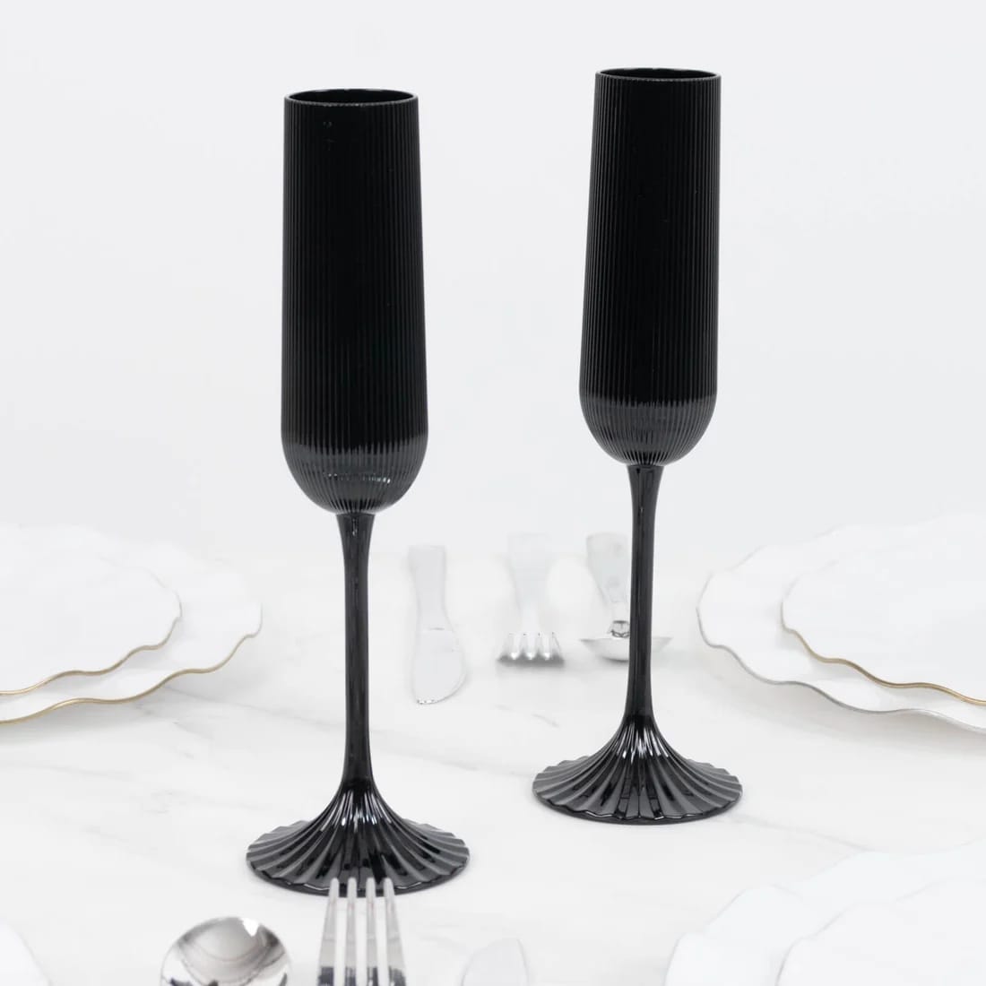 12 Ribbed 4 oz Plastic Champagne Flutes Disposable Glasses