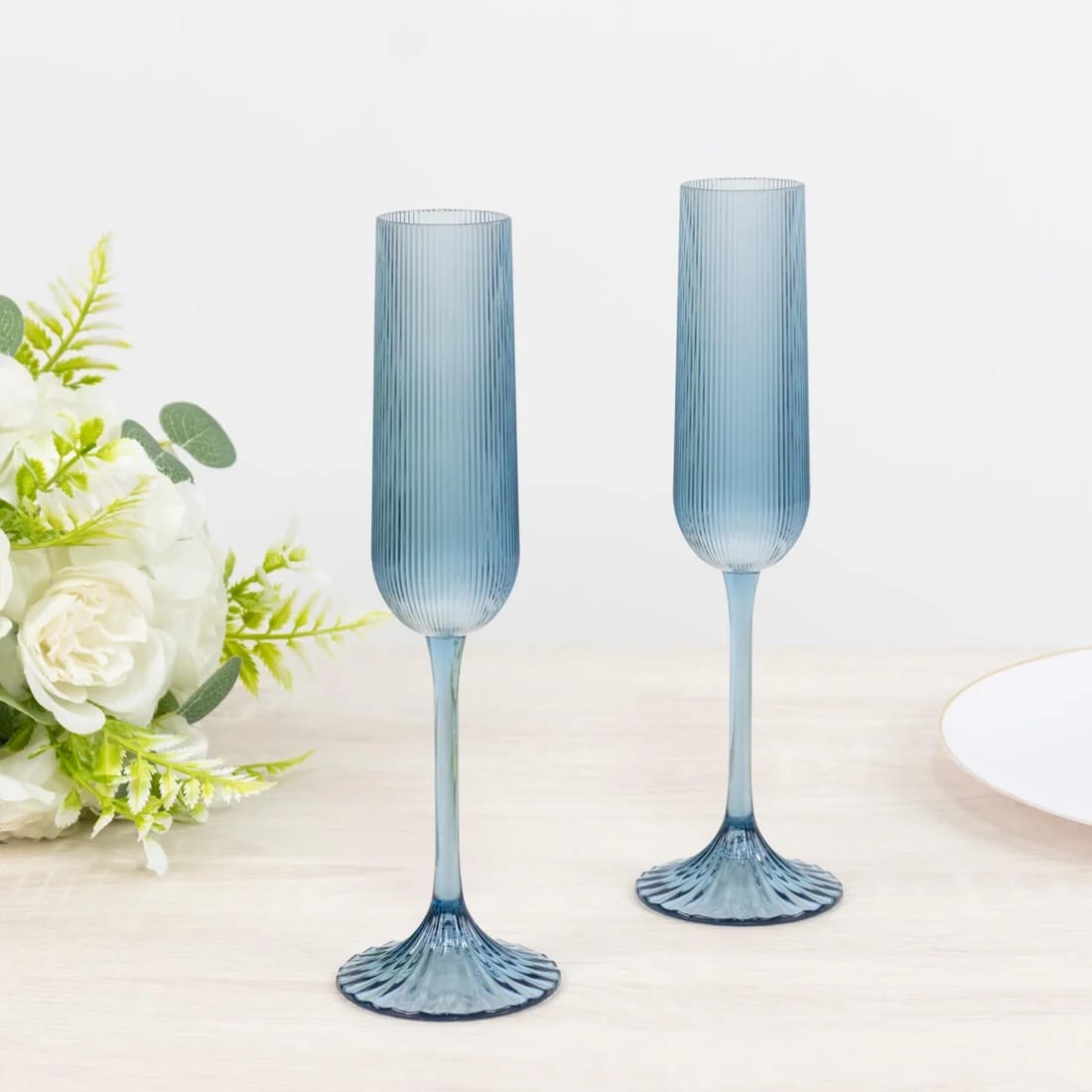 12 Ribbed 4 oz Plastic Champagne Flutes Disposable Glasses