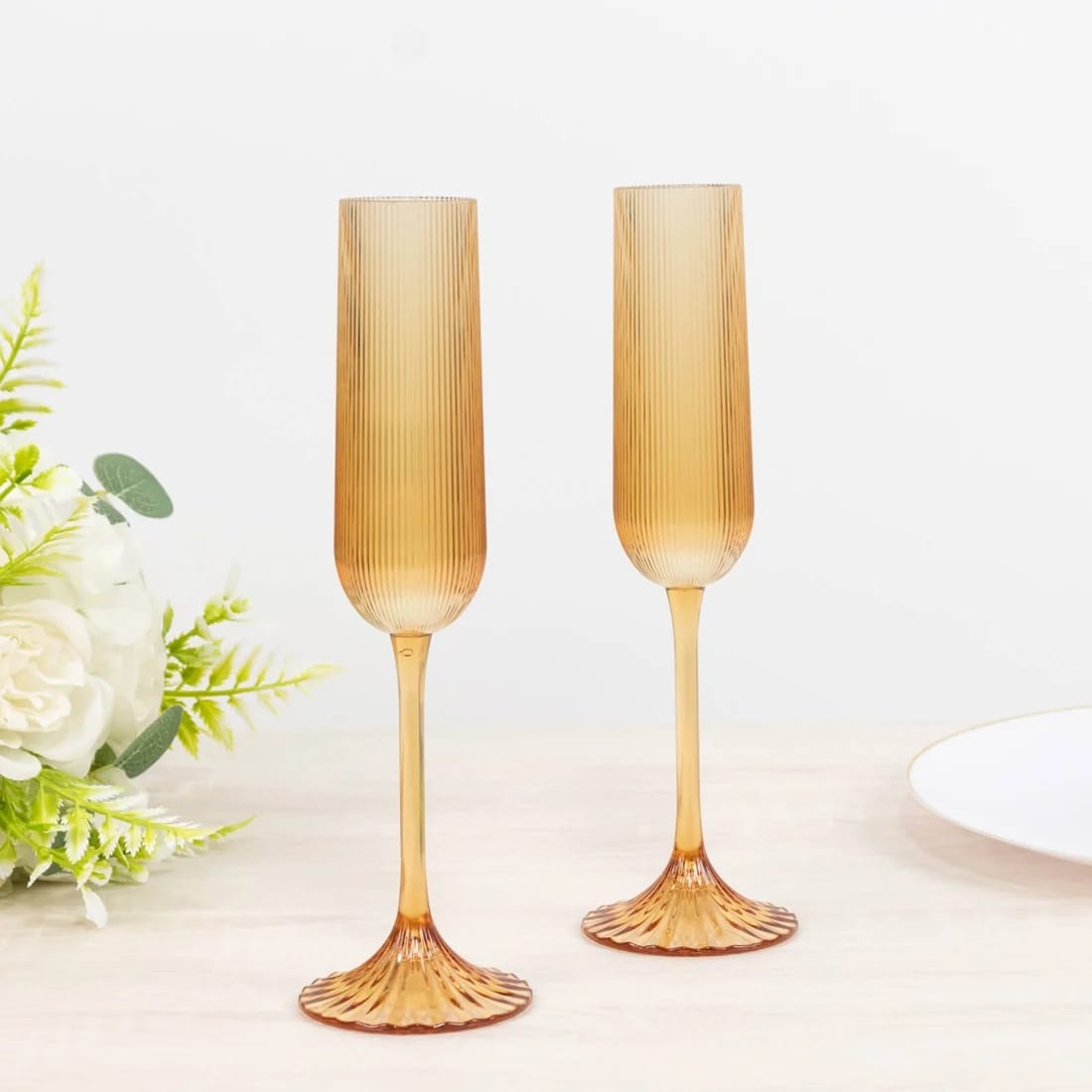 12 Ribbed 4 oz Plastic Champagne Flutes Disposable Glasses