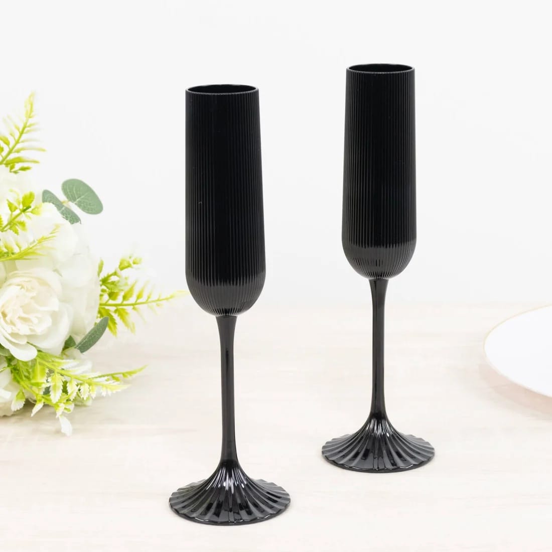 12 Ribbed 4 oz Plastic Champagne Flutes Disposable Glasses