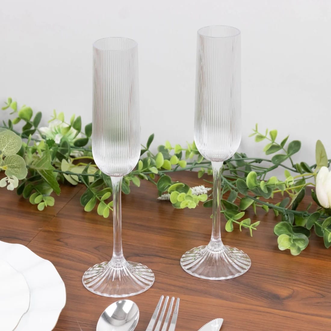 12 Ribbed 4 oz Plastic Champagne Flutes Disposable Glasses