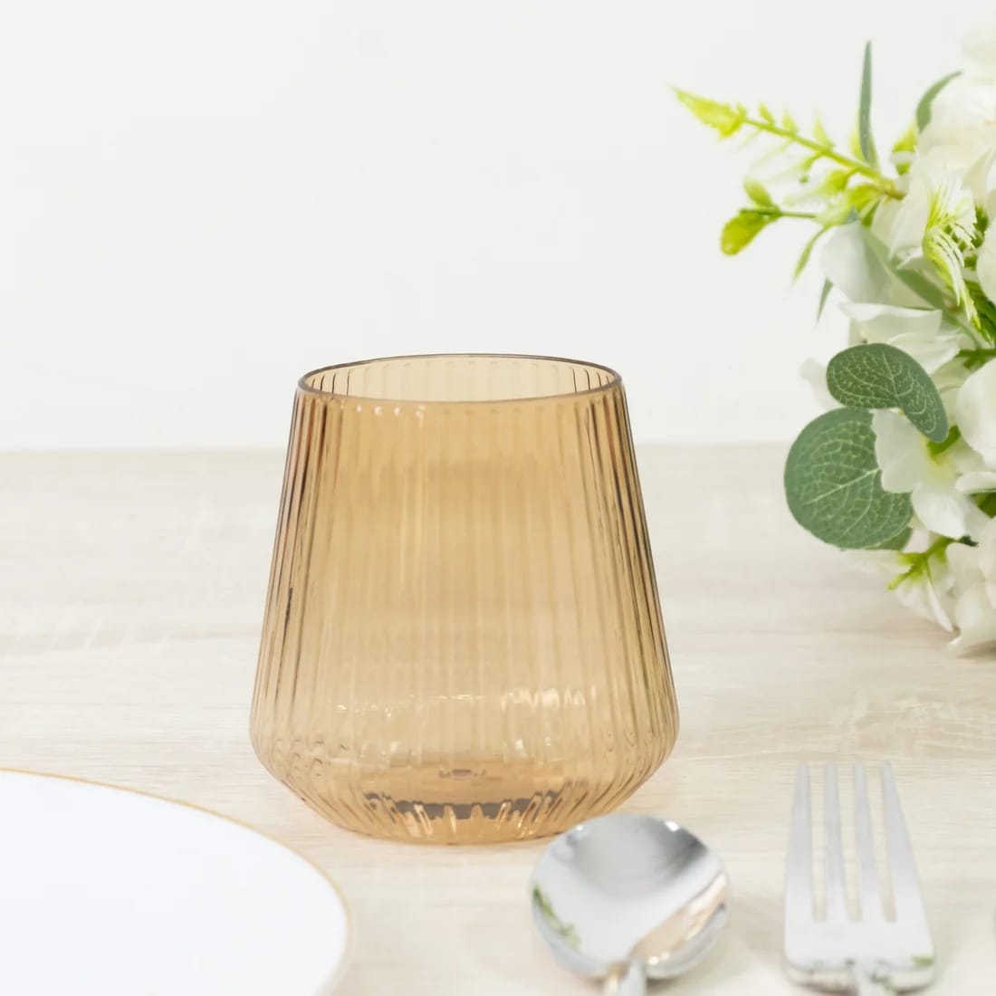 12 Stemless 12 oz Plastic Wine Glasses with Ribbed Design