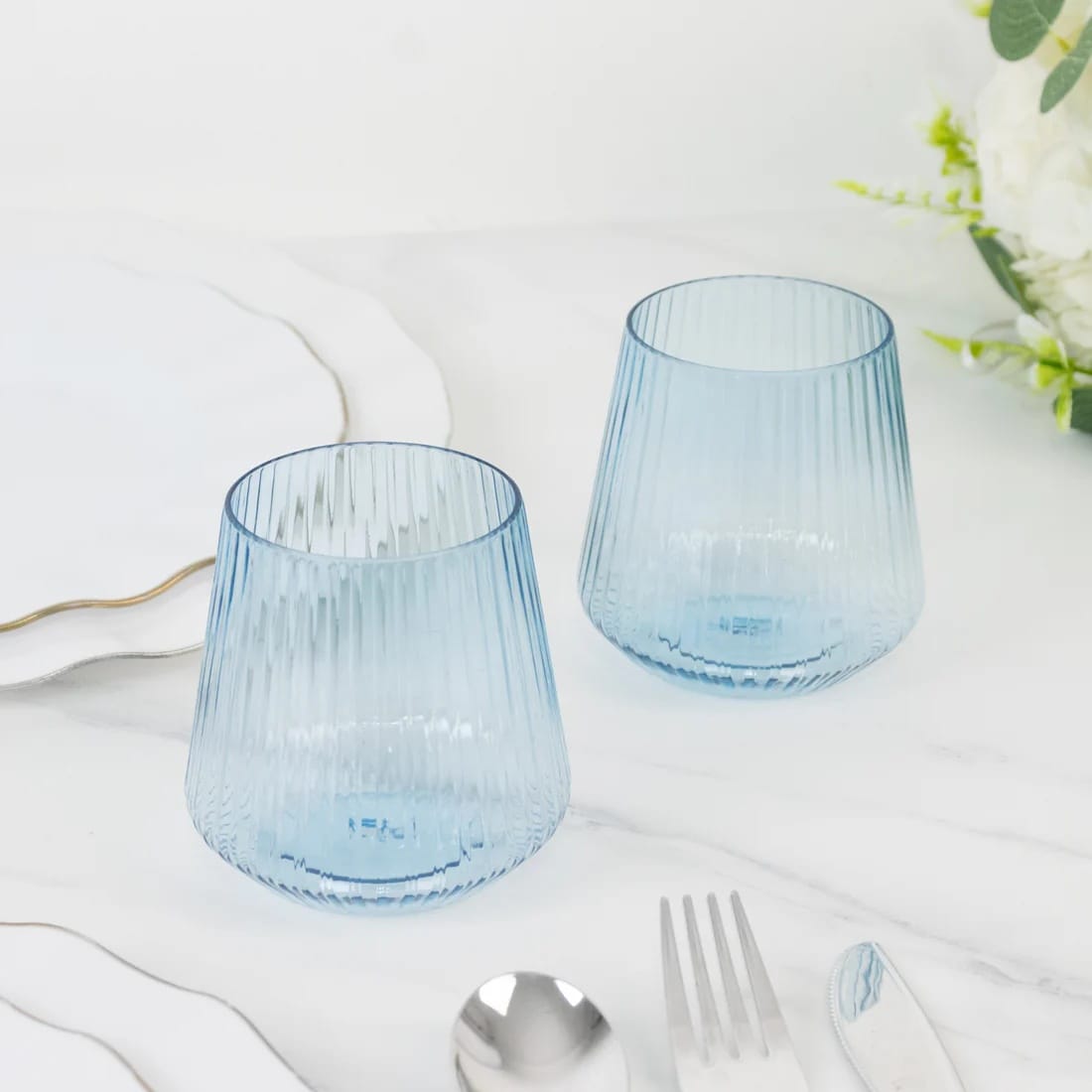 12 Stemless 12 oz Plastic Wine Glasses with Ribbed Design