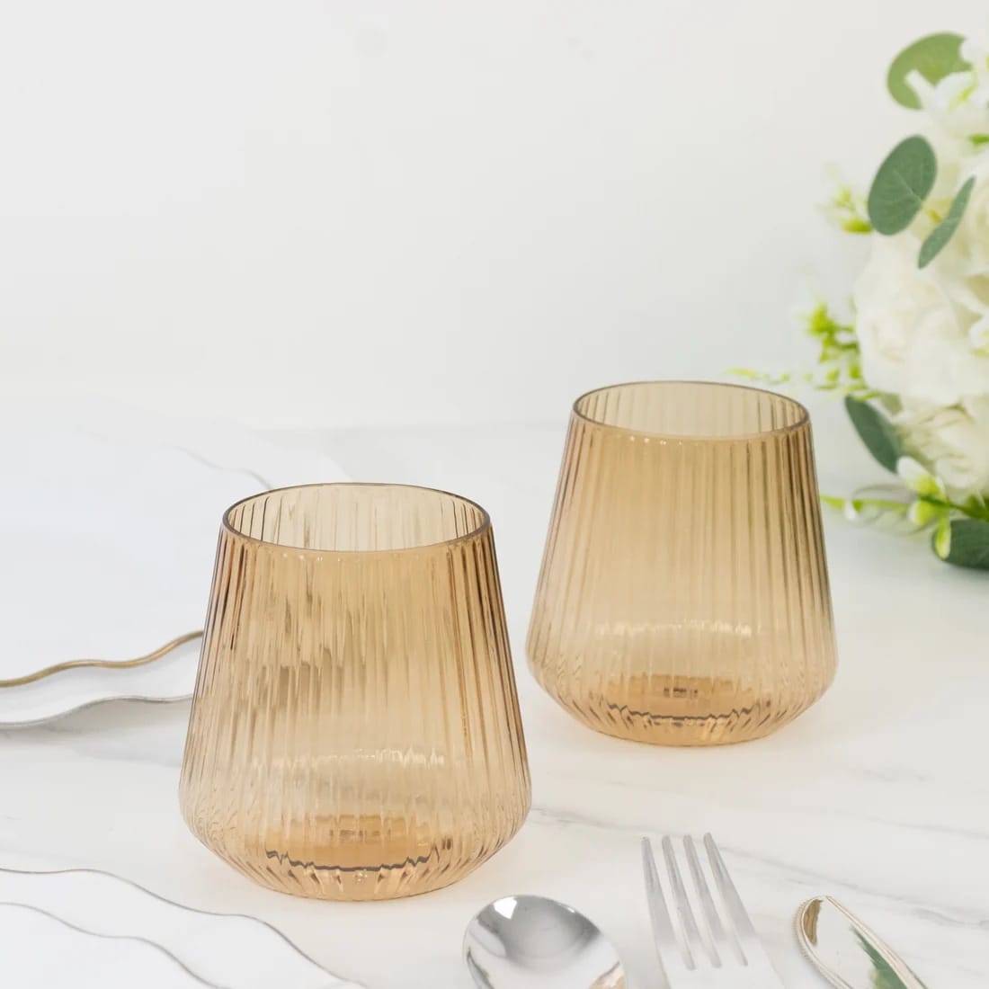 12 Stemless 12 oz Plastic Wine Glasses with Ribbed Design