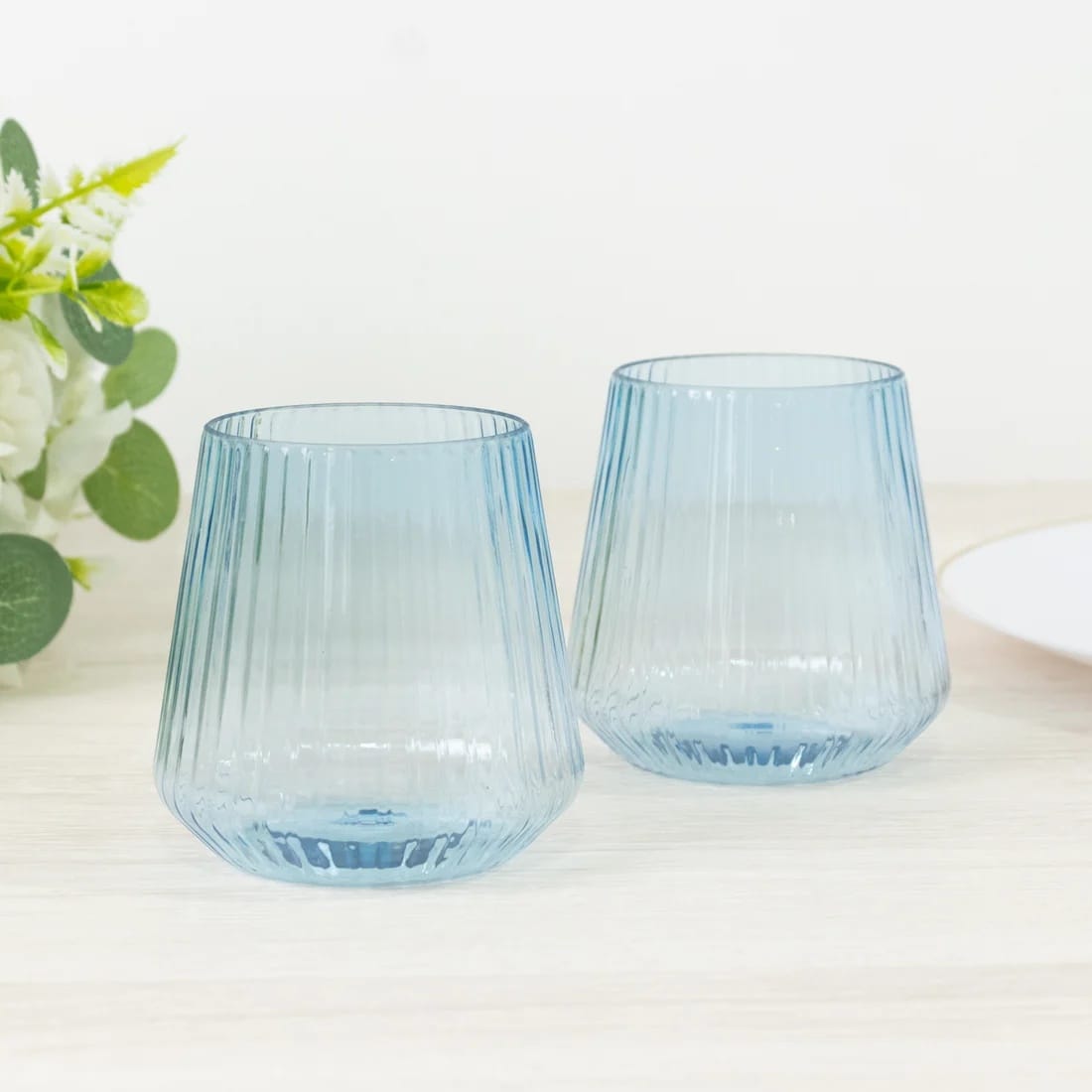12 Stemless 12 oz Plastic Wine Glasses with Ribbed Design