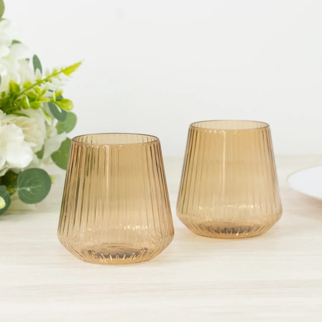 12 Stemless 12 oz Plastic Wine Glasses with Ribbed Design