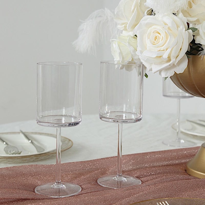 6 Clear 10 oz Plastic Cylindrical Wine Glasses with Long Stem