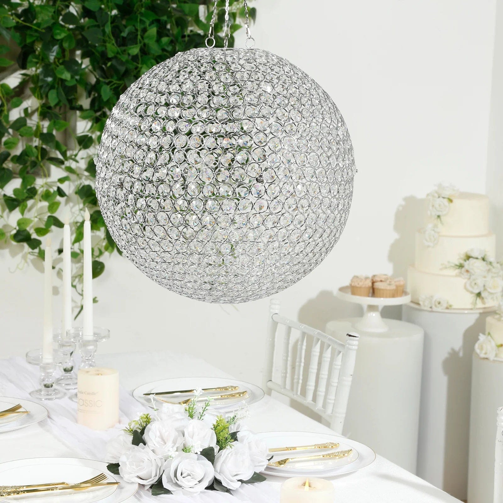 16 in Hanging Crystal Beaded Ball Chandelier with Metal Hook and Chain
