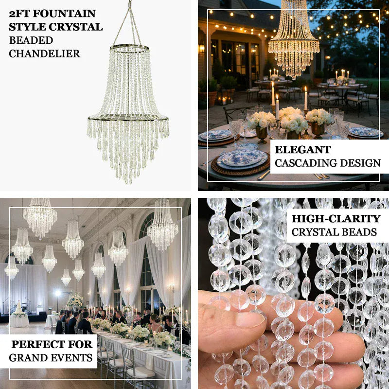 2 feet Clear Fountain Style Crystal Beaded Chandelier with Silver Metal Frame