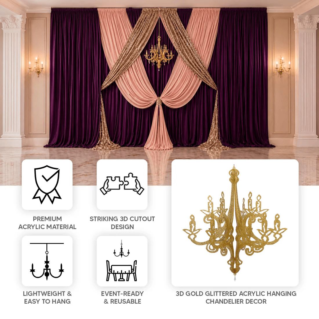 24 in 3D Interlocking Cutout Design Glittered Acrylic Chandelier Hanging Decor