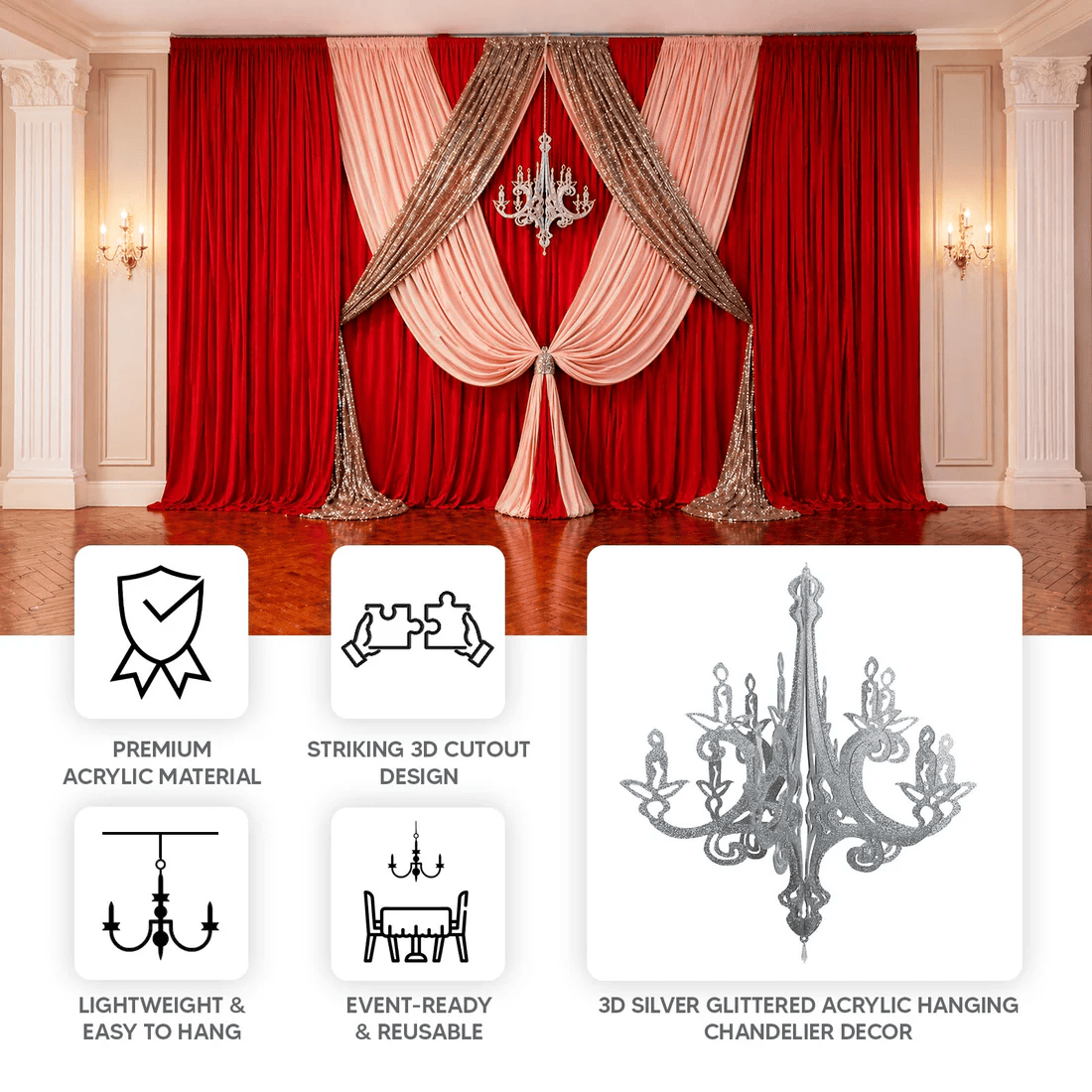 24 in 3D Interlocking Cutout Design Glittered Acrylic Chandelier Hanging Decor