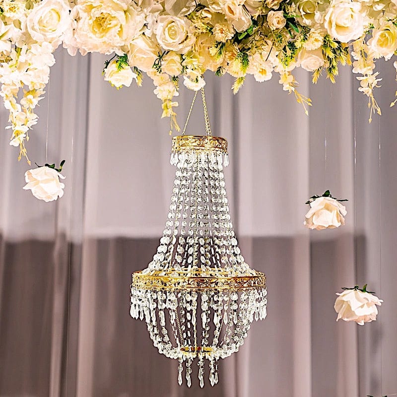 Clear Beaded Crystal Chandelier with Ornate Metal Frame